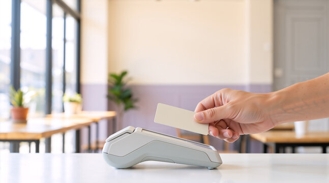 Hand holding blank card over contactless payment terminal in cafe. Cashless transaction and NFC technology concept. Close-up of credit card reader on white counter