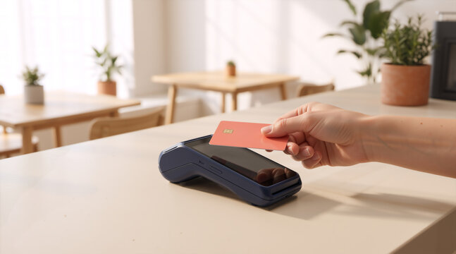 Hand holding coral credit card over contactless payment terminal. Cashless transaction in warm sunlit cafe. Close-up of chip card reader on counter