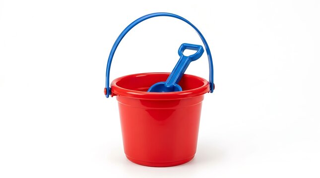 Bright red plastic beach bucket with a blue shovel for kids playing in sand