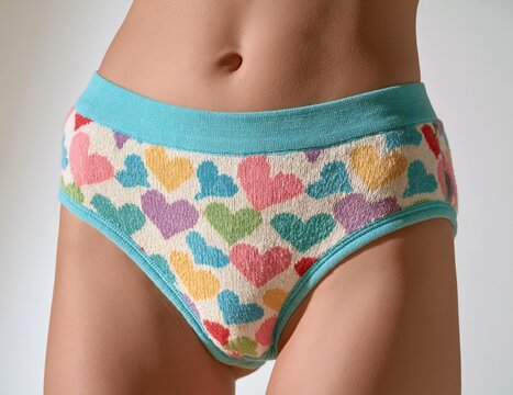 Close up of colorful heart print underwear worn on torso with soft lighting Clean composition Expression of everyday comfort