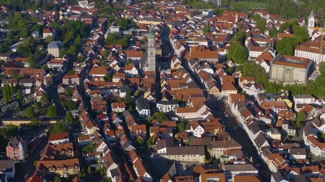 A panoramic aerial view from the old town of the city in Freising in Germany, Bavaria. On a sunny day in spring.