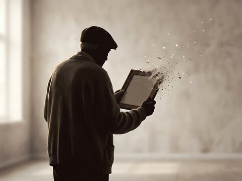 Elderly man holding empty picture frame as it disintegrates into dust and particles in minimalist interior setting symbolising loss of memories and dementia
