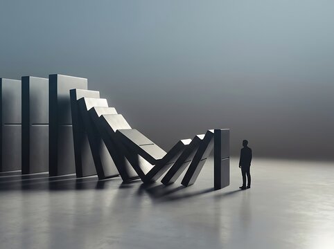Small person standing before giant falling dominoes in empty warehouse space symbolizing cause and effect or business chain reaction digital render