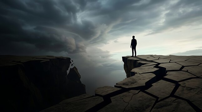 Man standing on edge of massive cliff with deep cracks in ground under dark ominous storm clouds representing risk and danger digital illustration