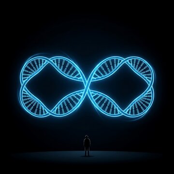 Person standing before giant glowing blue infinity symbol made of DNA strands in deep black void concept of science and genetic immortality digital render