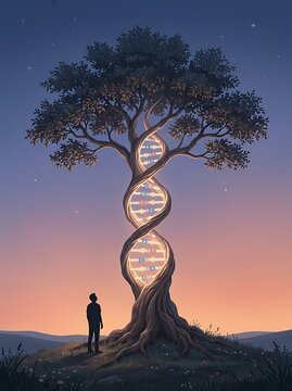 Lone person looking at giant tree with glowing dna helix trunk standing in field at sunset 3d render