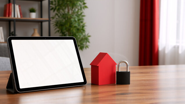 Tablet with blank white screen next to red model house and padlock on wooden table. Home security and smart home technology concept