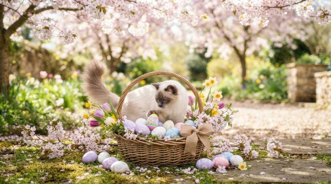 Fluffy cat in a basket of Easter eggs surrounded by blooming cherry blossoms