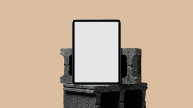 Blank tablet screen mockup standing upright on concrete masonry blocks