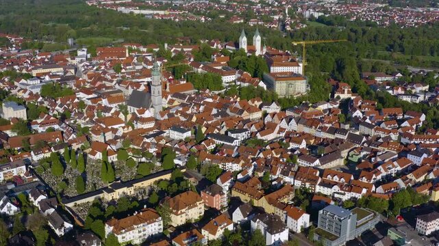 A panoramic aerial view from the old town of the city in Freising in Germany, Bavaria. On a sunny day in spring.