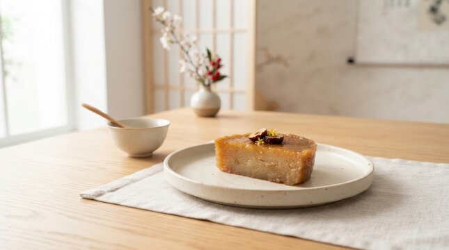 A slice of traditional Korean dessert served on a plate with a small bowl and spoon