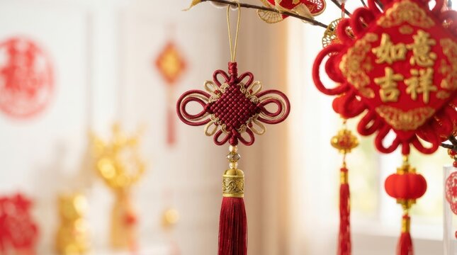 Traditional Chinese knot ornaments with tassels hanging on a branch for good luck