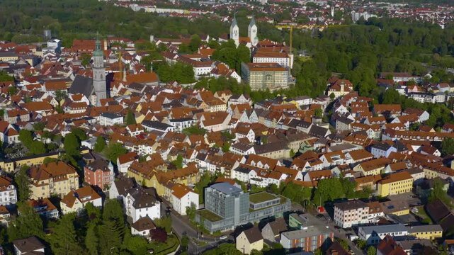 A panoramic aerial view from the old town of the city in Freising in Germany, Bavaria. On a sunny day in spring.