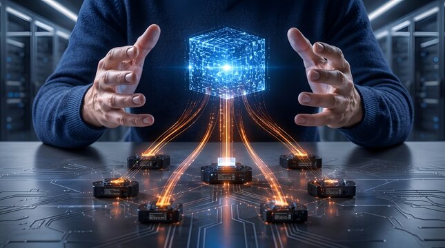 Centralized data center server control with glowing holographic network cube representing advanced cloud computing infrastructure