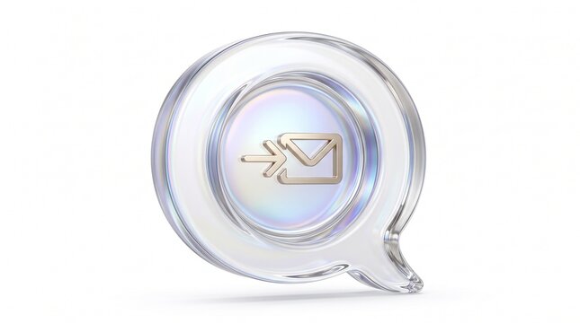 Clear glass message icon, a transparent 3D speech bubble with an incoming mail symbol, perfect for modern communication and digital interface design.