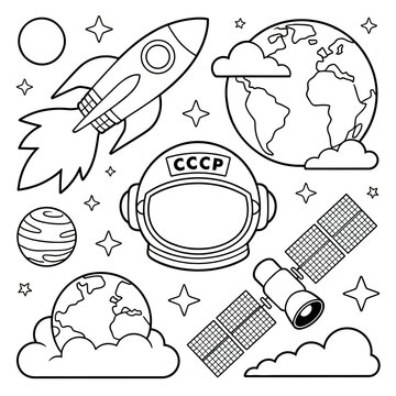 Space exploration doodle set with rocket astronaut helmet and planets