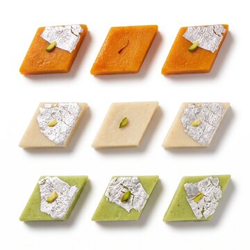 A delightful assortment of traditional Indian barfi sweets in various colors and flavors, garnished with silver leaf and pistachios.