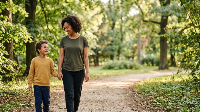 Mother and son holding hands walking on a sunny park path surrounded by lush green trees and foliage