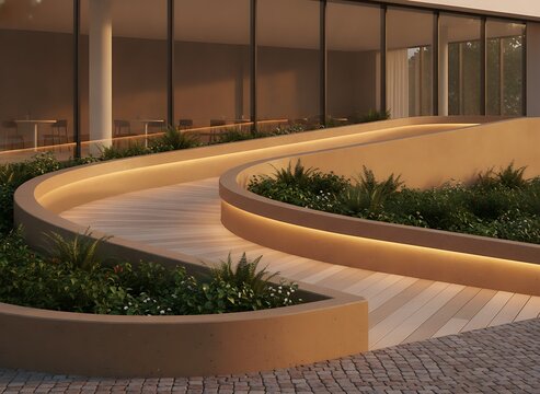 Modern architectural ramp with warm ambient lighting surrounded by lush green plants and stone paving in luxury outdoor patio area of contemporary building at sunset time