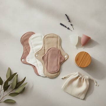 Eco friendly menstrual products collection including reusable cloth pads menstrual cups and small storage pouch arranged on neutral background with lavender sprigs for sustainable wellness