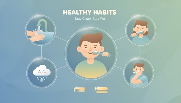 Infographic showing healthy habits for daily hygiene including hand washing teeth brushing and sneezing etiquette to maintain cleanliness and prevent illness in a clean minimalist vector style