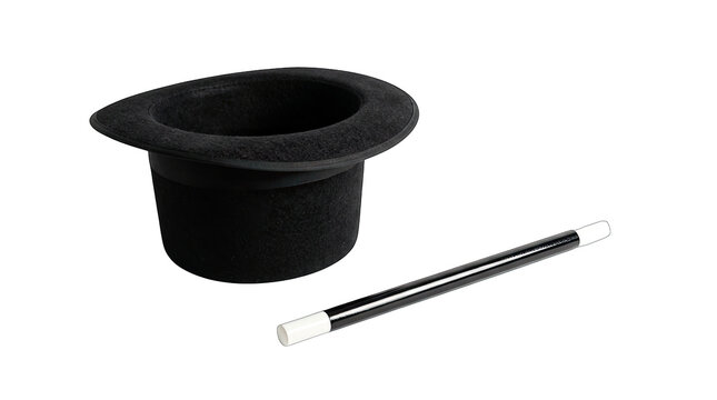 Black magic top hat and wand for a halloween costume party isolated on transparent background