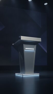 Modern professional podium or lectern with glowing led lights on dark stage for speeches and conferences in a cinematic studio environment with soft spotlight and professional backdrop