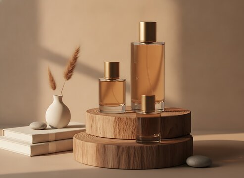 Luxury perfume bottles of different sizes placed on wooden circular platforms with dried pampas grass in a vase and books in a soft neutral aesthetic studio setup for cosmetic product branding