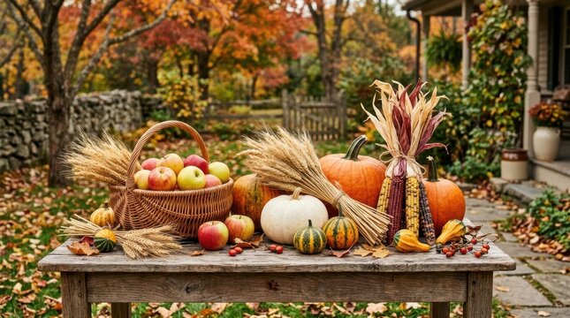 Autumn harvest bounty displayed on a rustic wooden table outdoors