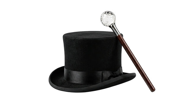 Elegant halloween props a classic black top hat and wooden walking stick isolated on transparent background