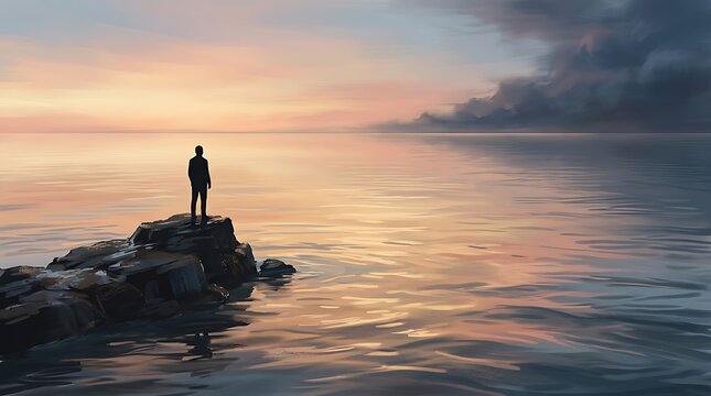 Man standing on rocky cliff edge overlooking calm sea during soft sunset sky digital painting style melancholic mood and solitude