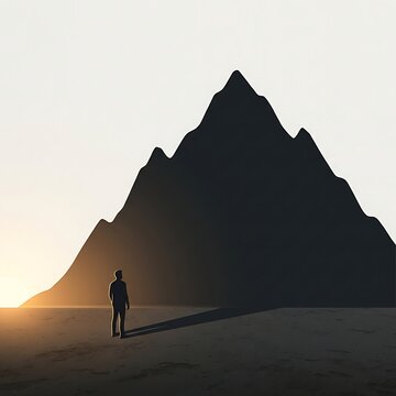 Man standing in vast barren desert looking at massive dark mountain silhouette against soft sunrise sky minimalist conceptual art