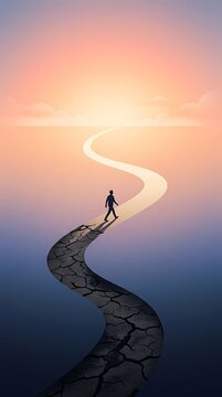 Minimalist concept of lone person walking on cracked path transitioning into smooth road towards golden sunrise horizon symbolizing journey towards success and overcoming obstacles