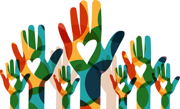 Raised hands. Volunteering, teamwork concert.