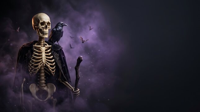 A spooky human skeleton with a black raven perched on its shoulder set against a dark purple smoky halloween background design