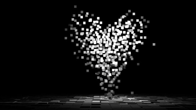 Abstract pixelated heart exploding into small floating cubes from the bottom