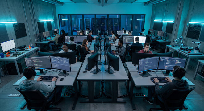 Modern tech workspace buzzing with activity and collaboration among skilled programmers