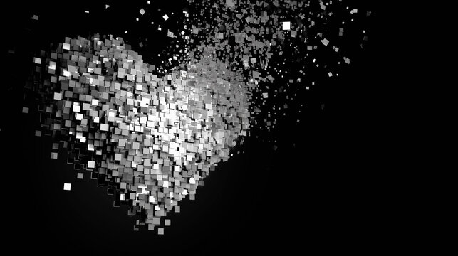Disintegrating 3D heart shape made of metallic square tiles dissolving into space