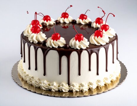 Black forest cake with white cream, chocolate drip glaze, red cherries, piped cream stars on gold board, isolated white background. Classic dessert.
