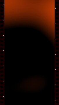 Vintage vertical film strip frame with orange and red light leaks flashing over a black background for cinematic transitions and old movie aesthetic overlays
