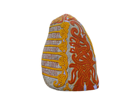 Ancient runestone with colorful Norse carvings isolated on white background