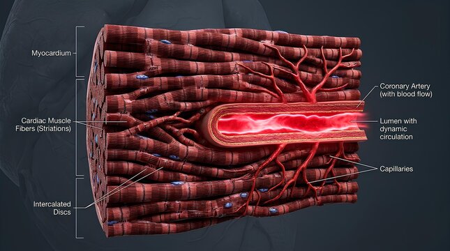 3D cross-section of muscle tissue showing capillaries and vessels.