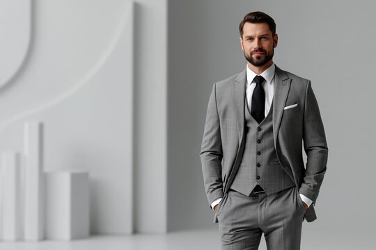 Handsome businessman in grey three-piece suit confident professional