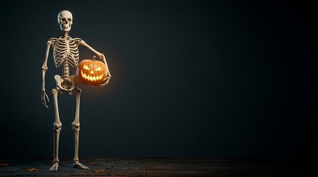 A spooky human skeleton standing in the dark holding a glowing carved jack o lantern for a festive halloween background