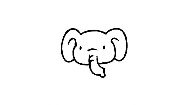 4K animated elephant head doodle icon. Frame by frame line art on black and green screen chroma key background for big elephant trunk, safari wildlife, African mammal, giant animal edits.