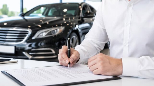 Man signing contract papers at car dealership with salesperson.
