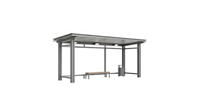 Modern metal bus stop shelter with a bench isolated on transparent background, illustration