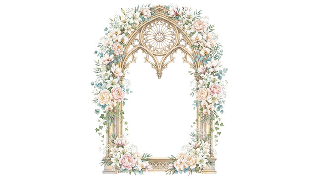 Vintage gothic arch with pastel flowers, ornate stone window frame with floral arrangement, romantic wedding border on white