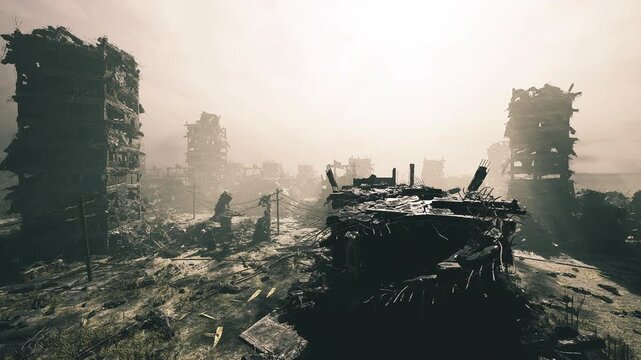 Abandoned cityscape in ruins. Deserted street with broken buildings and fog. Neglected thoroughfare surrounded by dilapidated structures and distant mist