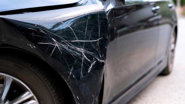 Deep scratches and dents on black car fender showing heavy side impact damage, vehicle collision repair needs, automotive safety inspection, accident aftermath, and damaged exterior concepts